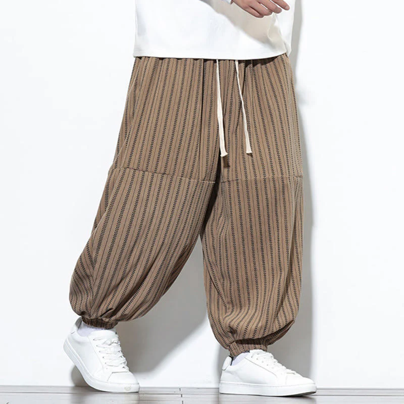 Pantaloni harem in velluto a coste con coulisse e tasche da uomo con motivo a righe autunnali Buddha Stones - Image 57