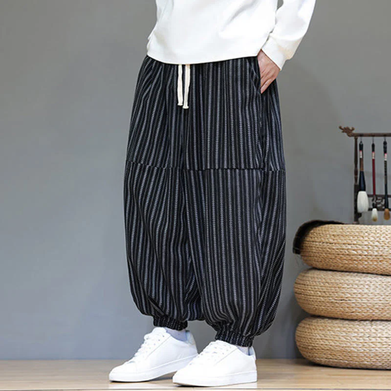 Pantaloni harem in velluto a coste con coulisse e tasche da uomo con motivo a righe autunnali Buddha Stones - Image 6