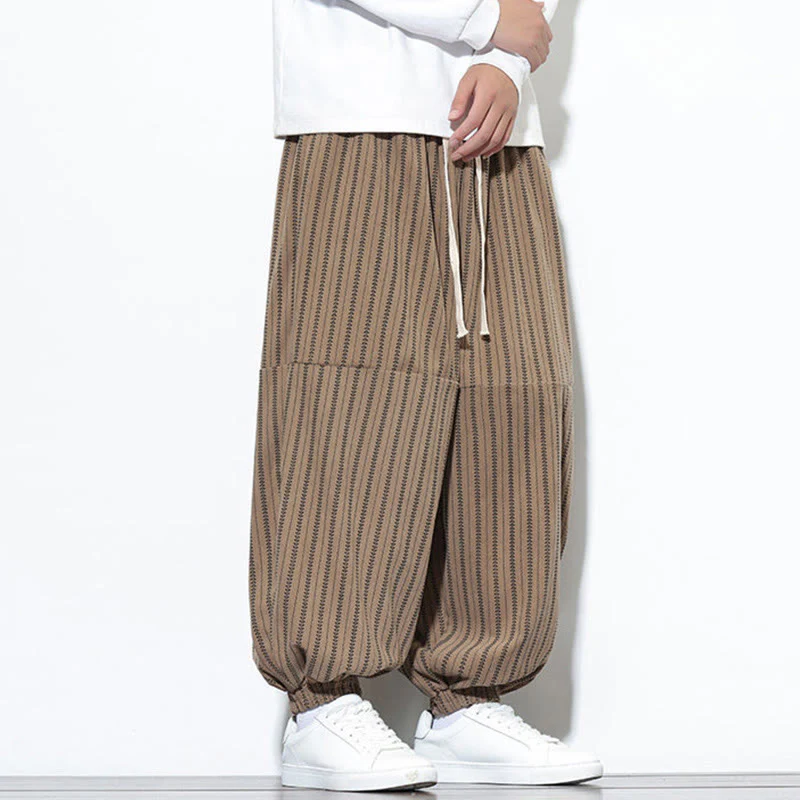 Pantaloni harem in velluto a coste con coulisse e tasche da uomo con motivo a righe autunnali Buddha Stones - Image 60