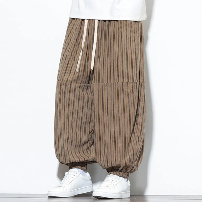 Pantaloni harem in velluto a coste con coulisse e tasche da uomo con motivo a righe autunnali Buddha Stones - Image 61