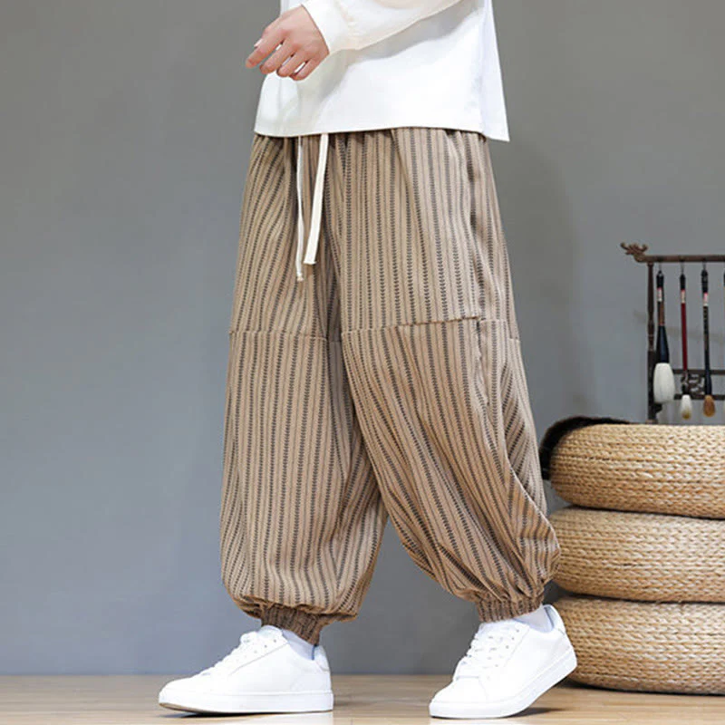 Pantaloni harem in velluto a coste con coulisse e tasche da uomo con motivo a righe autunnali Buddha Stones - Image 64