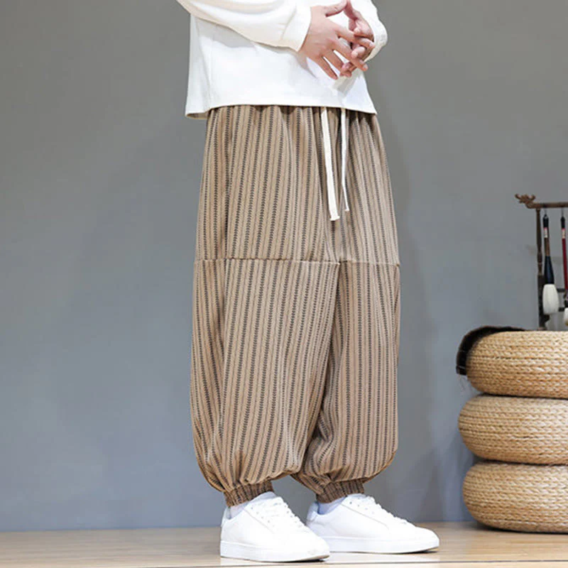 Pantaloni harem in velluto a coste con coulisse e tasche da uomo con motivo a righe autunnali Buddha Stones - Image 66