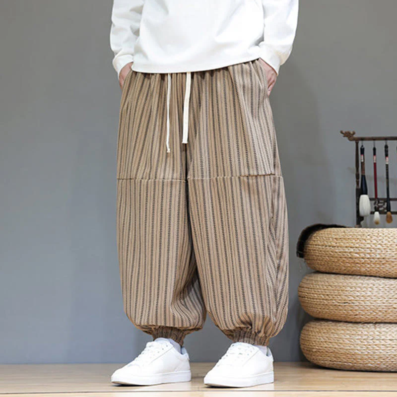 Pantaloni harem in velluto a coste con coulisse e tasche da uomo con motivo a righe autunnali Buddha Stones - Image 68