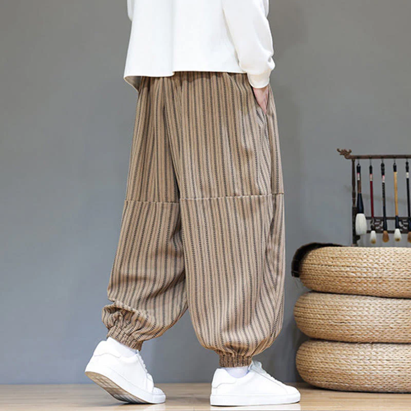 Pantaloni harem in velluto a coste con coulisse e tasche da uomo con motivo a righe autunnali Buddha Stones - Image 69