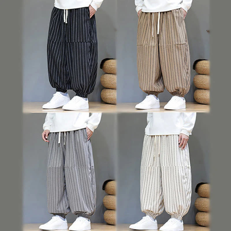 Pantaloni harem in velluto a coste con coulisse e tasche da uomo con motivo a righe autunnali Buddha Stones - Image 71