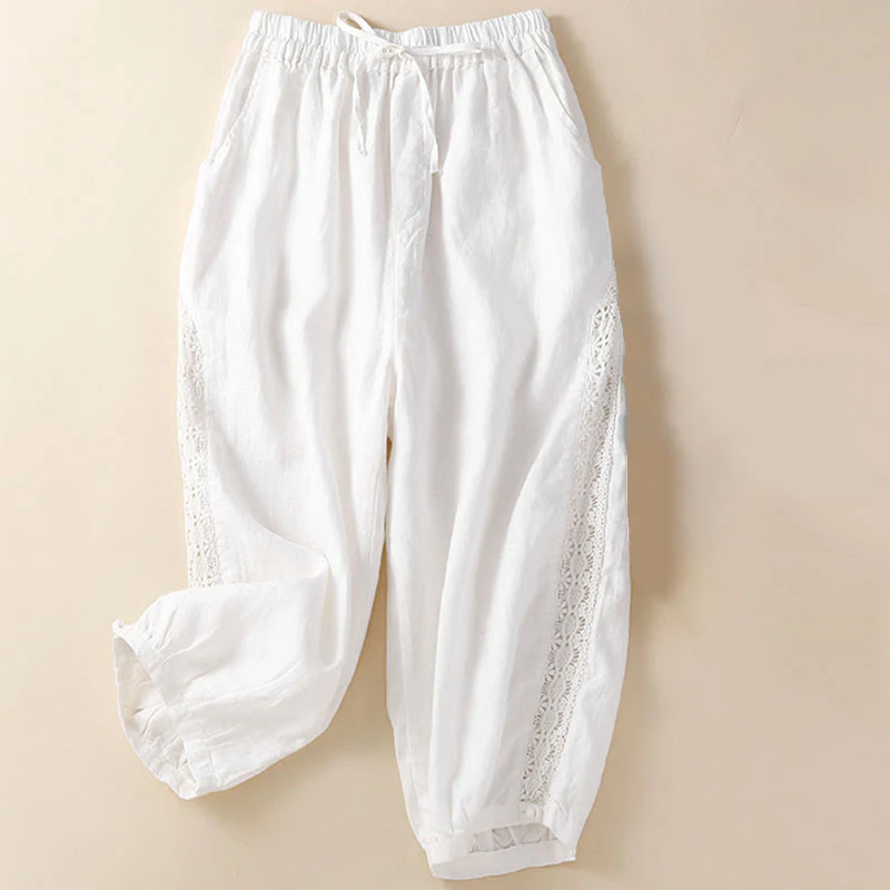 Pantaloni harem larghi con coulisse e tasche, motivo floreale in tinta unita con Buddha Stones - Image 11