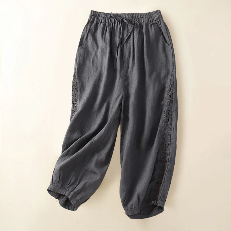 Pantaloni harem larghi con coulisse e tasche, motivo floreale in tinta unita con Buddha Stones - Image 15