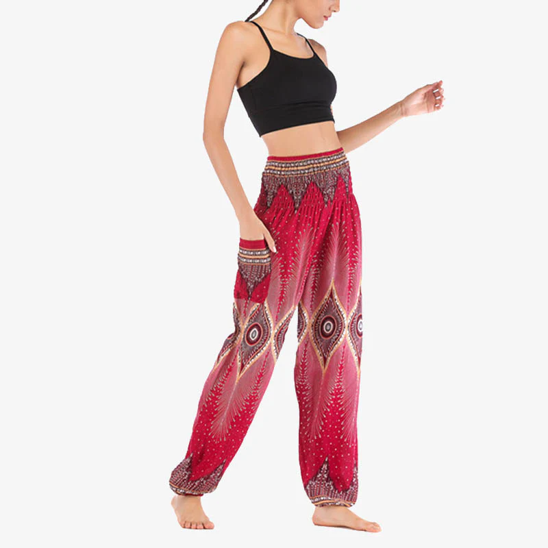 Pantaloni harem larghi con motivo a arricciatura, a vita alta, da yoga, da donna, con piccoli occhi di pavone e pietre Buddha Stones - Image 11