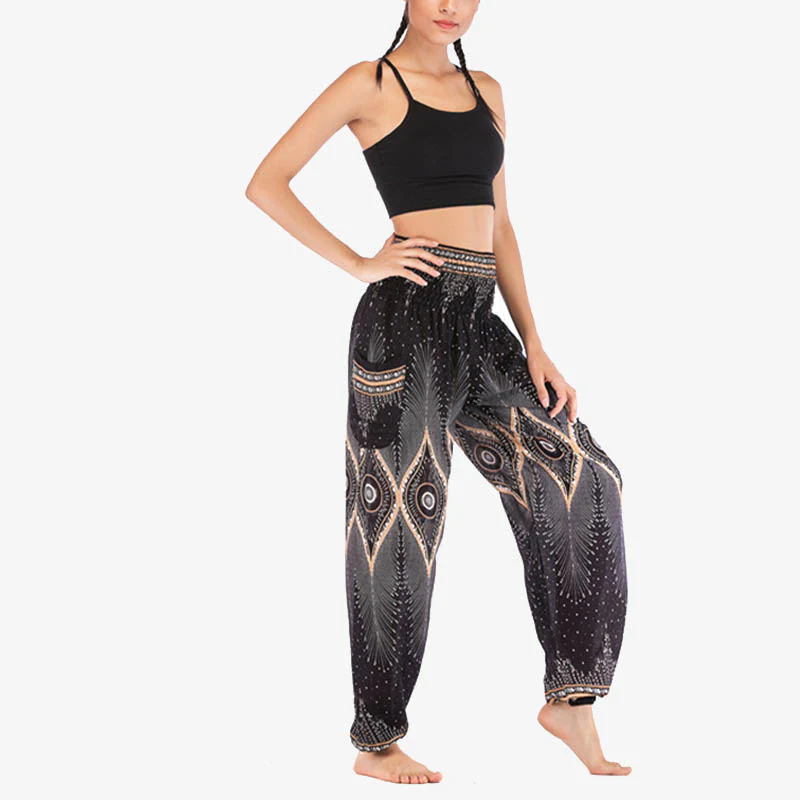 Pantaloni harem larghi con motivo a arricciatura, a vita alta, da yoga, da donna, con piccoli occhi di pavone e pietre Buddha Stones - Image 14