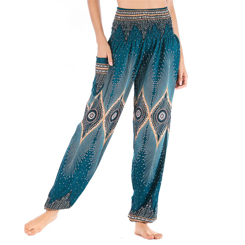Pantaloni harem larghi con motivo a arricciatura, a vita alta, da yoga, da donna, con piccoli occhi di pavone e pietre Buddha Stones - Image 22