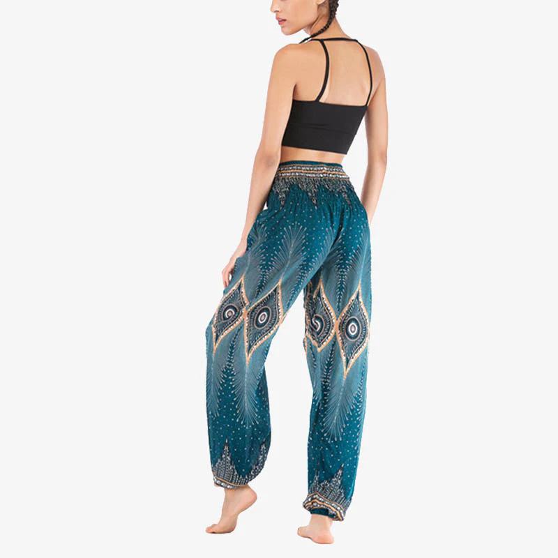 Pantaloni harem larghi con motivo a arricciatura, a vita alta, da yoga, da donna, con piccoli occhi di pavone e pietre Buddha Stones - Image 25