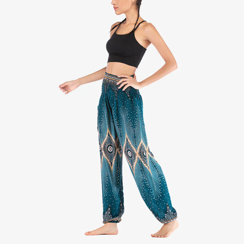Pantaloni harem larghi con motivo a arricciatura, a vita alta, da yoga, da donna, con piccoli occhi di pavone e pietre Buddha Stones - Image 28