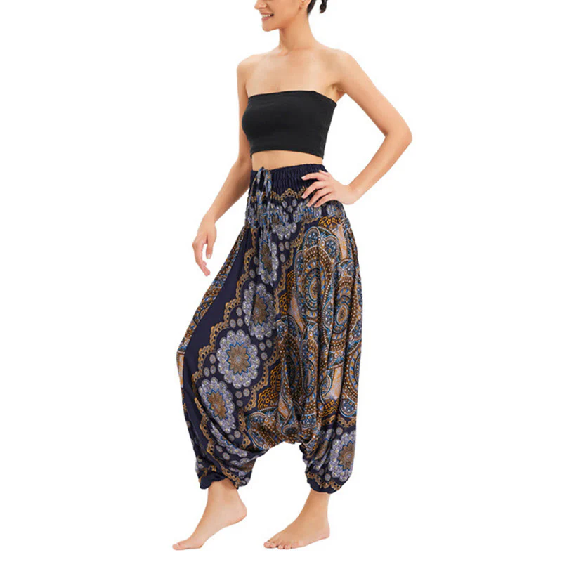 Pantaloni harem larghi con motivo a fiori mandala, pantaloni a vita alta, pantaloni da tuta, pantaloni da due stili Buddha Stones - Image 23
