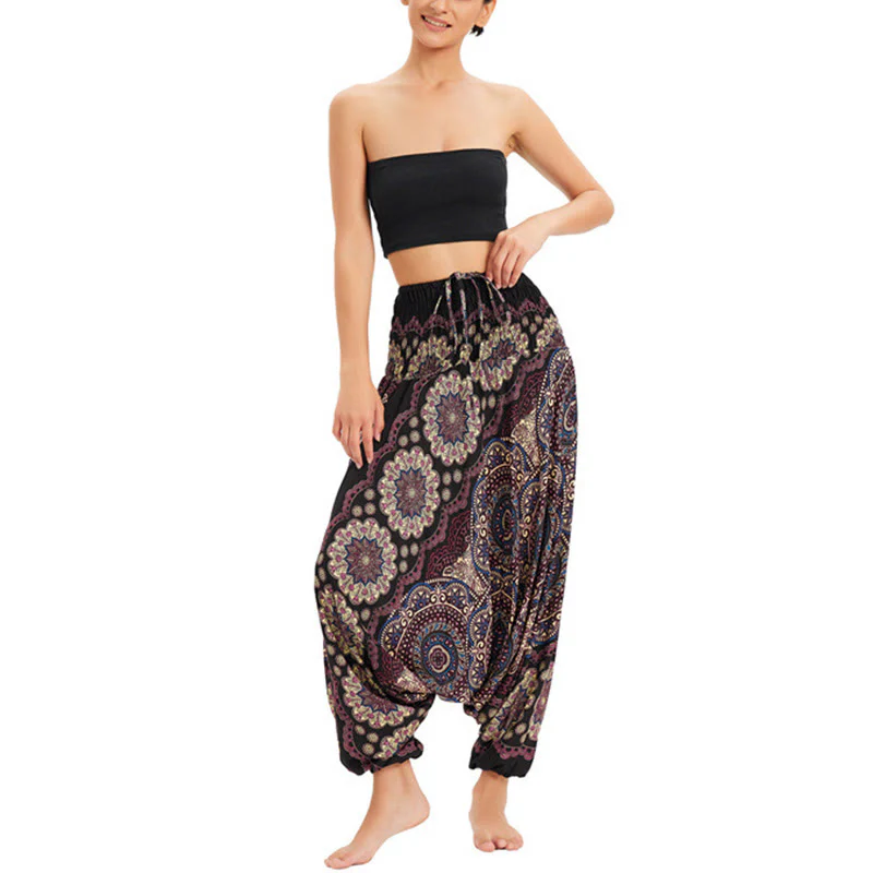 Pantaloni harem larghi con motivo a fiori mandala, pantaloni a vita alta, pantaloni da tuta, pantaloni da due stili Buddha Stones - Image 8