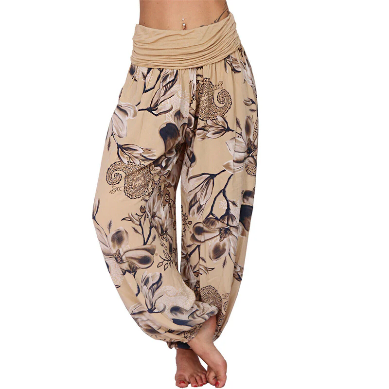 Pantaloni harem larghi con motivo a foglie di fiore Buddha Stones, pantaloni da yoga da donna - Image 8
