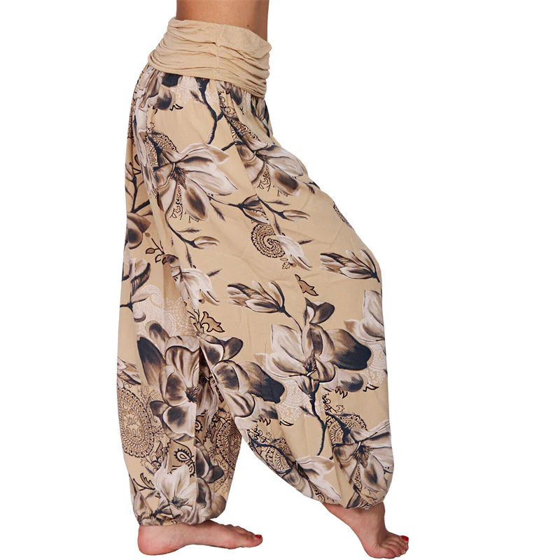Pantaloni harem larghi con motivo a foglie di fiore Buddha Stones, pantaloni da yoga da donna - Image 9
