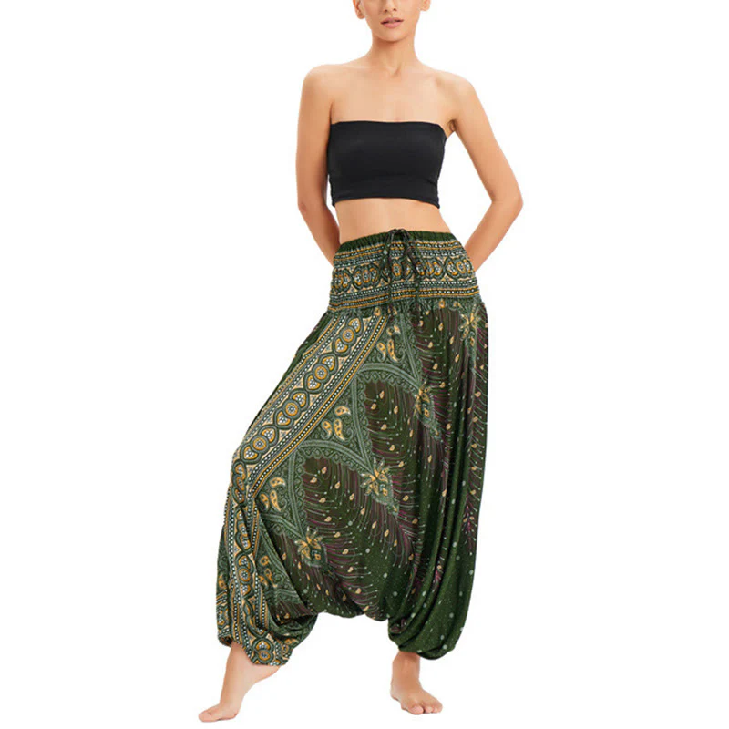Pantaloni harem larghi e arricciati in piuma di pavone, pantaloni a vita alta, tuta, Buddha Stones Two Style - Image 14