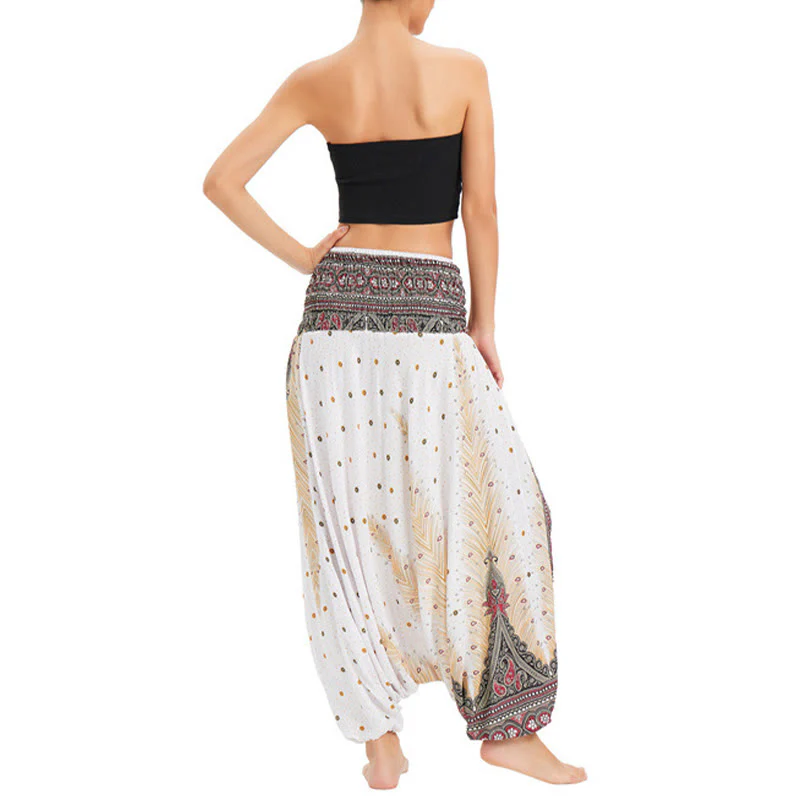 Pantaloni harem larghi e arricciati in piuma di pavone, pantaloni a vita alta, tuta, Buddha Stones Two Style - Image 4