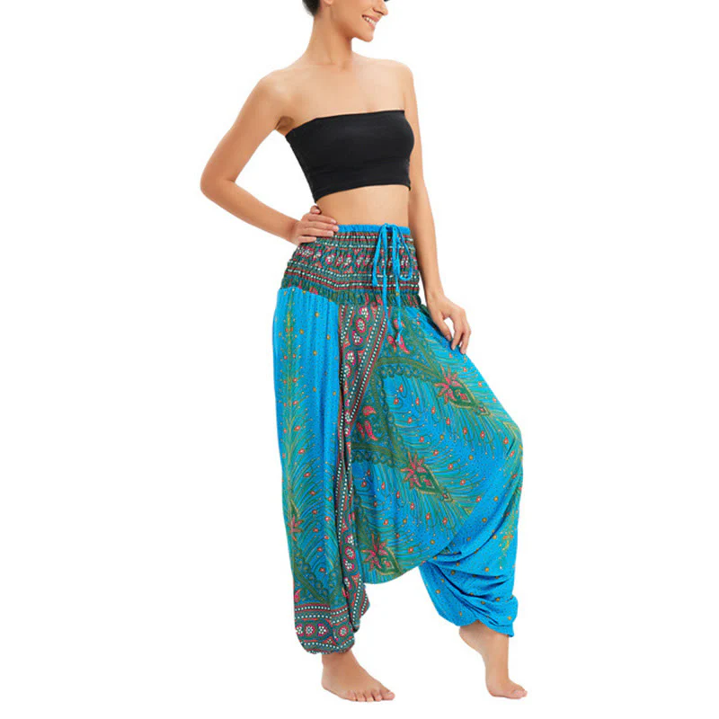 Pantaloni harem larghi e arricciati in piuma di pavone, pantaloni a vita alta, tuta, Buddha Stones Two Style - Image 8