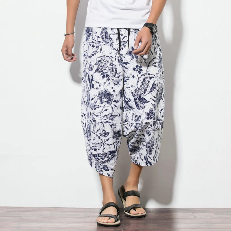 Pantaloni harem lunghi da uomo in cotone con stampa di foglie e pietre Buddha Stones - Image 11