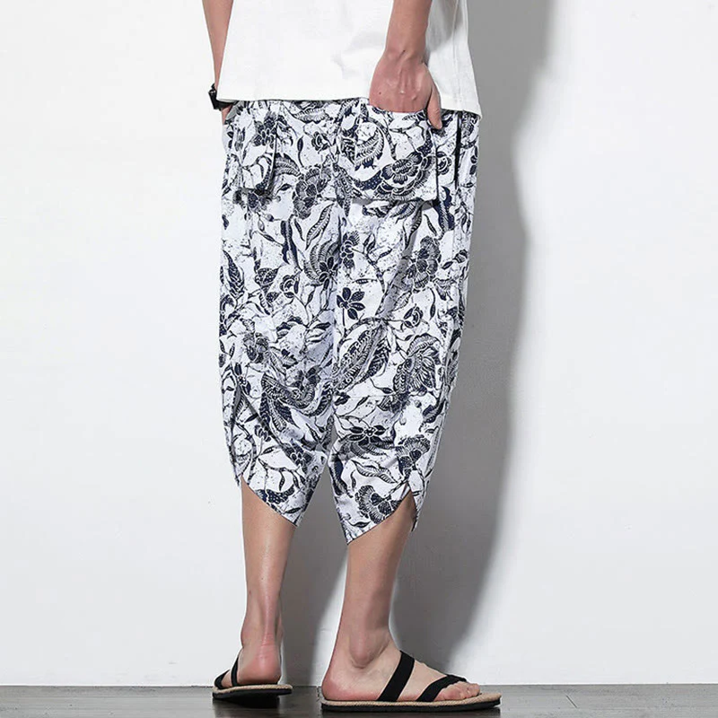 Pantaloni harem lunghi da uomo in cotone con stampa di foglie e pietre Buddha Stones - Image 12