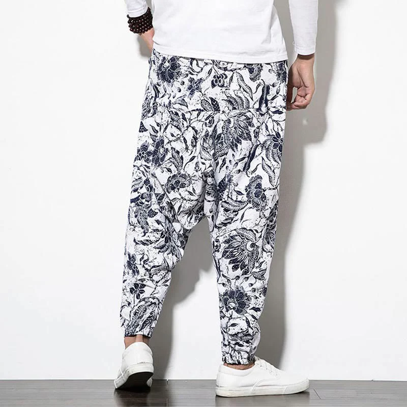 Pantaloni harem lunghi da uomo in cotone con stampa di foglie e pietre Buddha Stones - Image 3