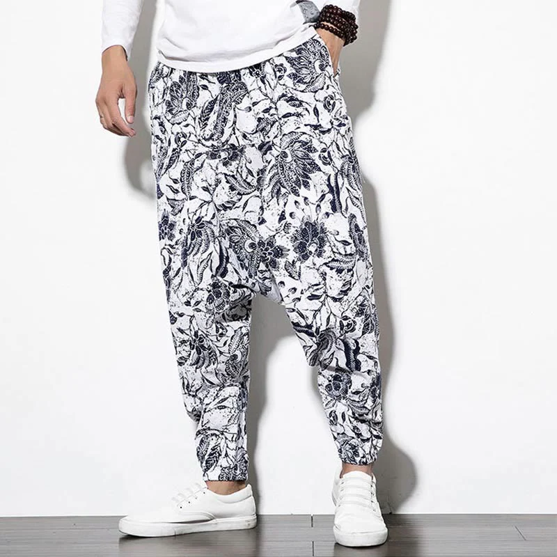 Pantaloni harem lunghi da uomo in cotone con stampa di foglie e pietre Buddha Stones - Image 6