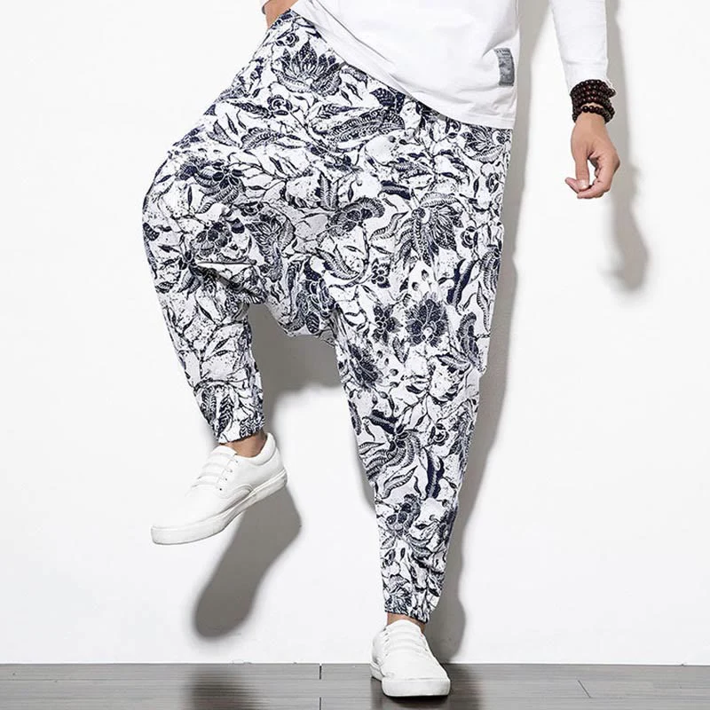 Pantaloni harem lunghi da uomo in cotone con stampa di foglie e pietre Buddha Stones - Image 8