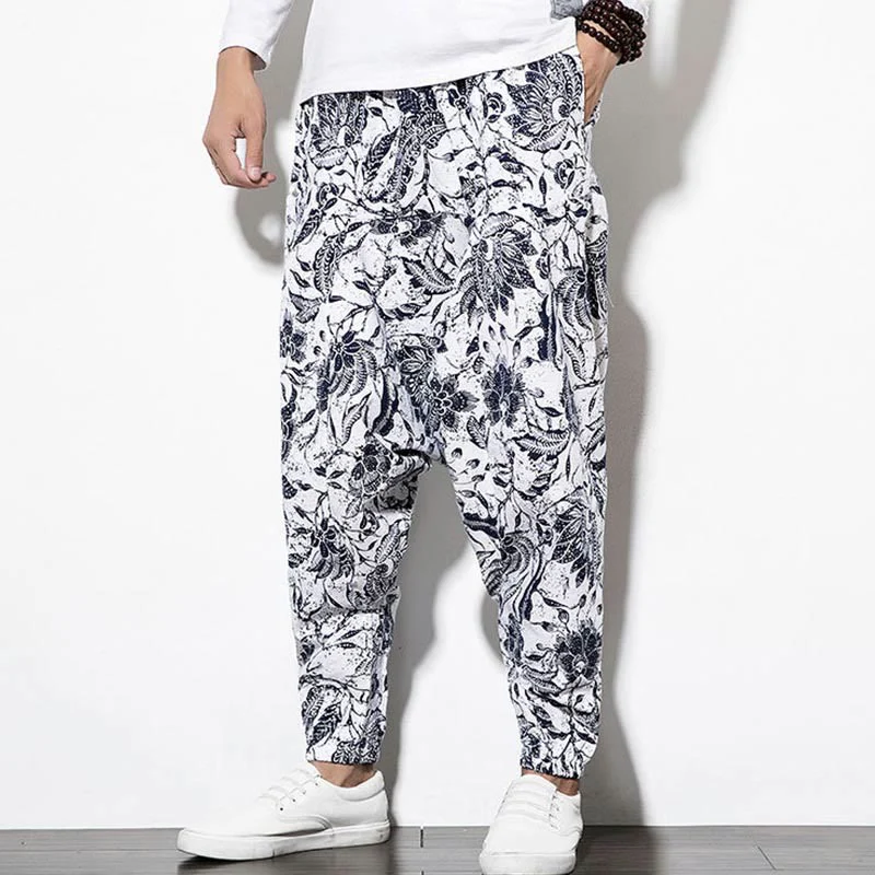 Pantaloni harem lunghi da uomo in cotone con stampa di foglie e pietre Buddha Stones - Image 9