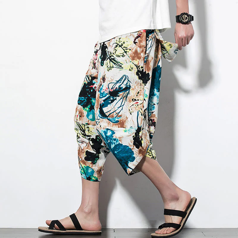 Pantaloni harem lunghi da uomo in cotone con tasche, stampati con Buddha Stones, fiori, foglie, marrone e blu - Image 10