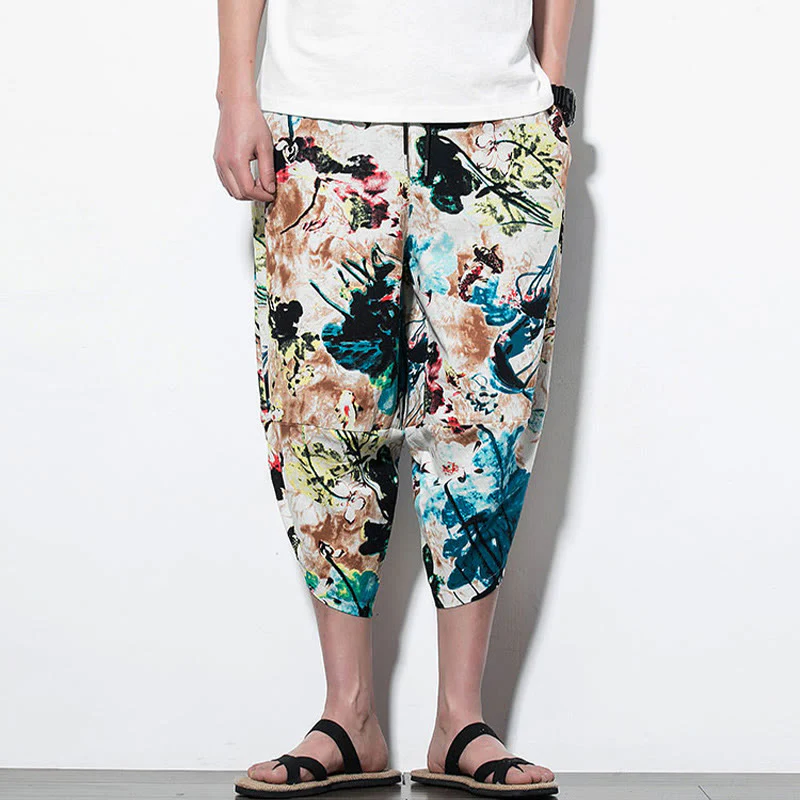 Pantaloni harem lunghi da uomo in cotone con tasche, stampati con Buddha Stones, fiori, foglie, marrone e blu - Image 11