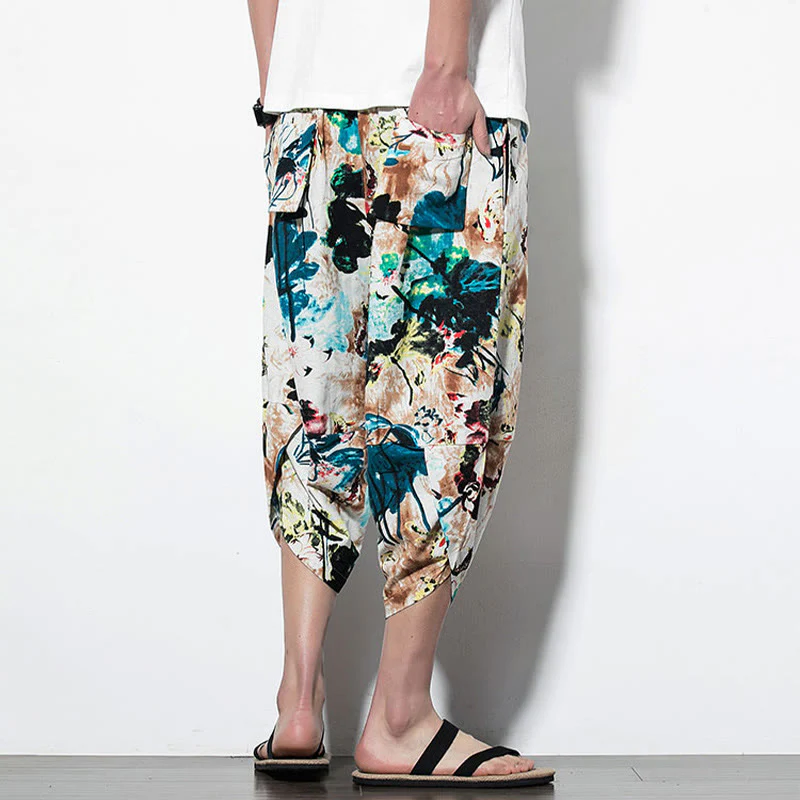 Pantaloni harem lunghi da uomo in cotone con tasche, stampati con Buddha Stones, fiori, foglie, marrone e blu - Image 12