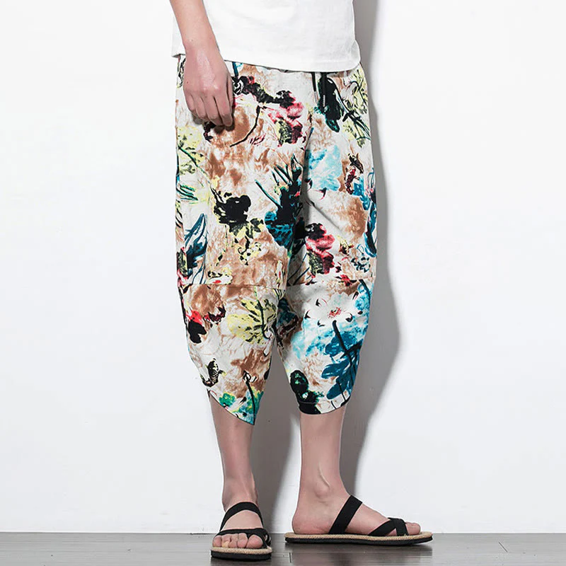 Pantaloni harem lunghi da uomo in cotone con tasche, stampati con Buddha Stones, fiori, foglie, marrone e blu - Image 14