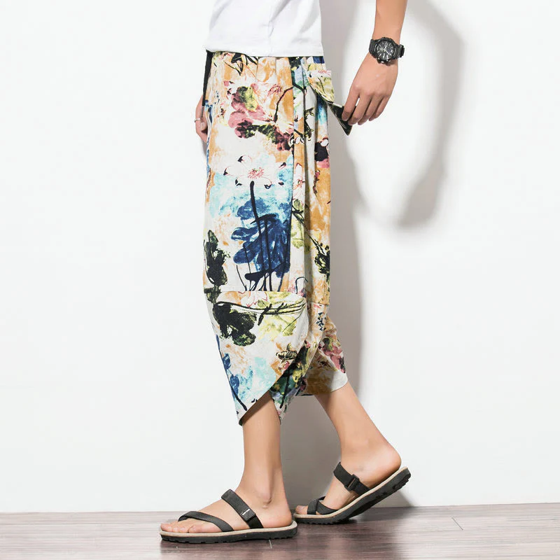 Pantaloni harem lunghi da uomo in cotone con tasche, stampati con Buddha Stones, fiori, foglie, marrone e blu - Image 15