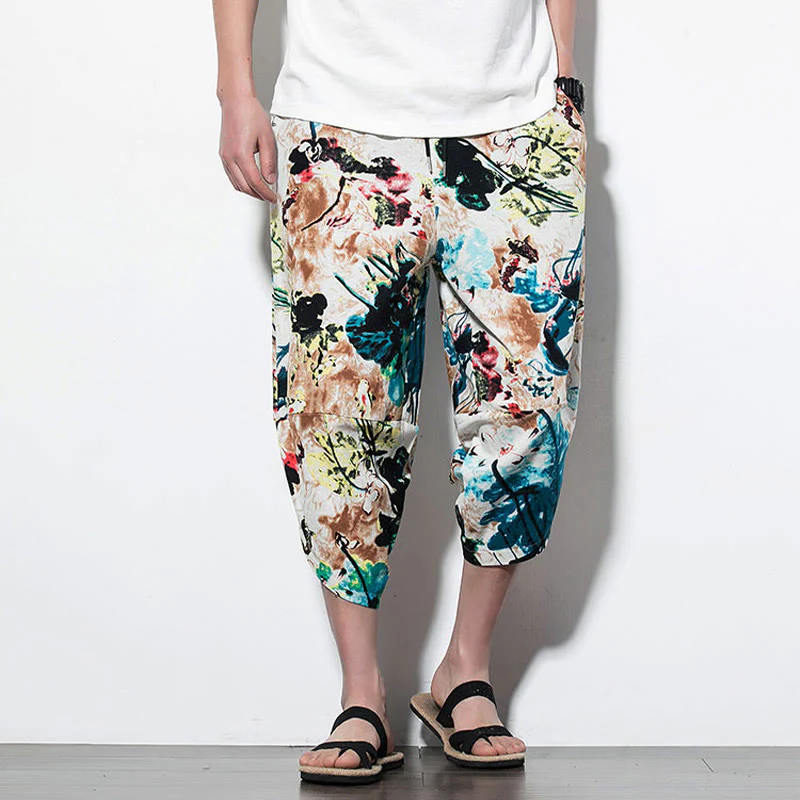 Pantaloni harem lunghi da uomo in cotone con tasche, stampati con Buddha Stones, fiori, foglie, marrone e blu - Image 16