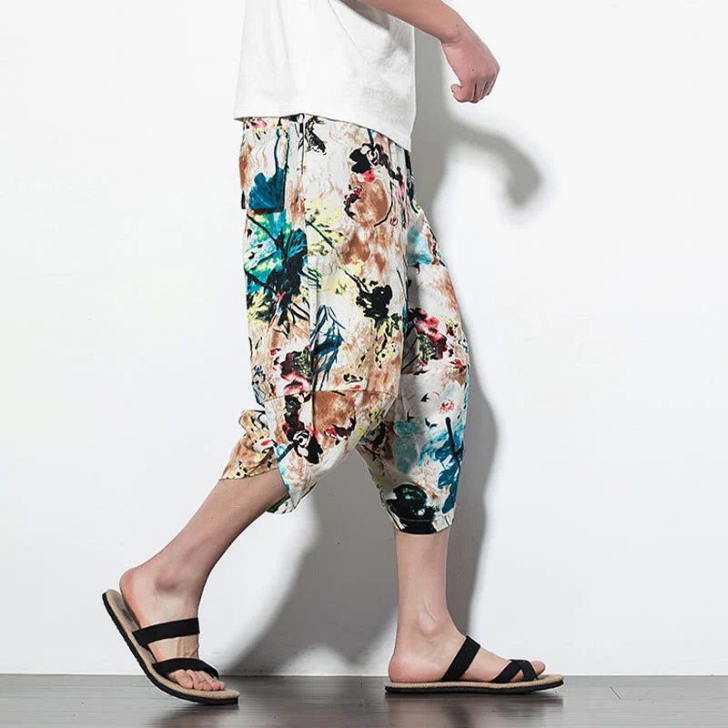 Pantaloni harem lunghi da uomo in cotone con tasche, stampati con Buddha Stones, fiori, foglie, marrone e blu - Image 17