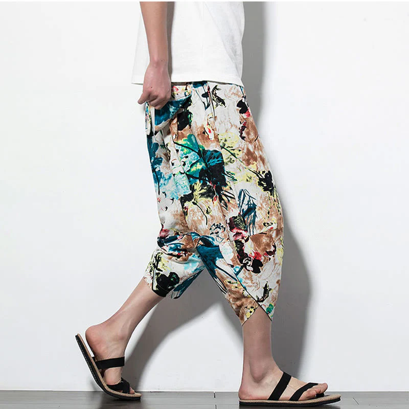 Pantaloni harem lunghi da uomo in cotone con tasche, stampati con Buddha Stones, fiori, foglie, marrone e blu - Image 18