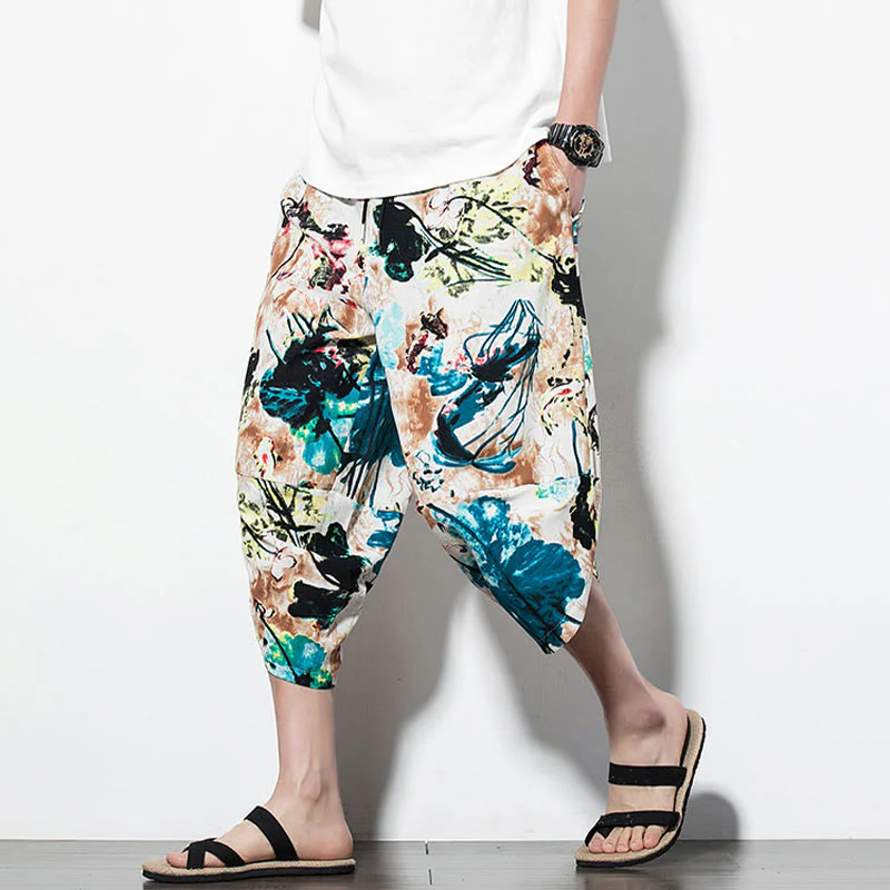 Pantaloni harem lunghi da uomo in cotone con tasche, stampati con Buddha Stones, fiori, foglie, marrone e blu - Image 19