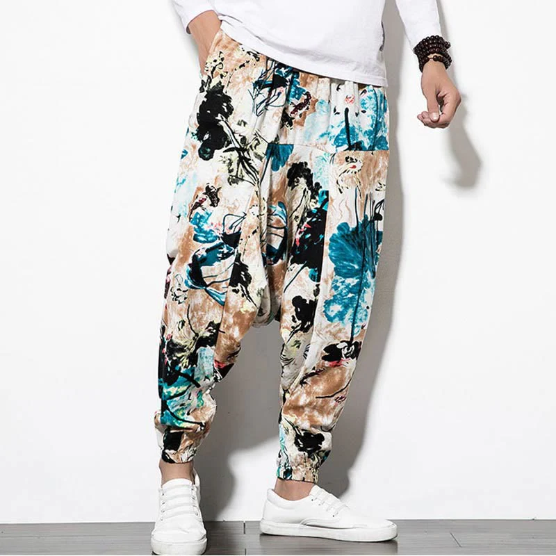 Pantaloni harem lunghi da uomo in cotone con tasche, stampati con Buddha Stones, fiori, foglie, marrone e blu - Image 6