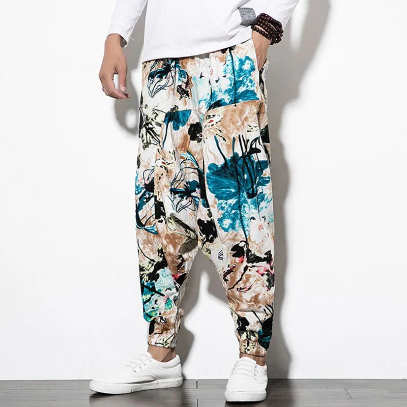 Pantaloni harem lunghi da uomo in cotone con tasche, stampati con Buddha Stones, fiori, foglie, marrone e blu - Image 8