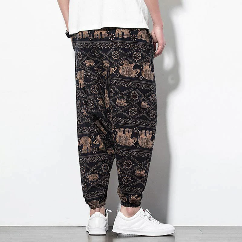 Pantaloni harem lunghi da uomo in cotone con tasche, stampati in nero e marrone con Buddha Stones - Image 3