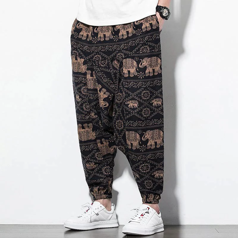 Pantaloni harem lunghi da uomo in cotone con tasche, stampati in nero e marrone con Buddha Stones - Image 7