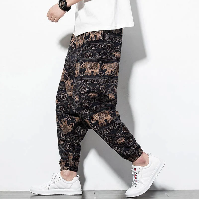 Pantaloni harem lunghi da uomo in cotone con tasche, stampati in nero e marrone con Buddha Stones - Image 9