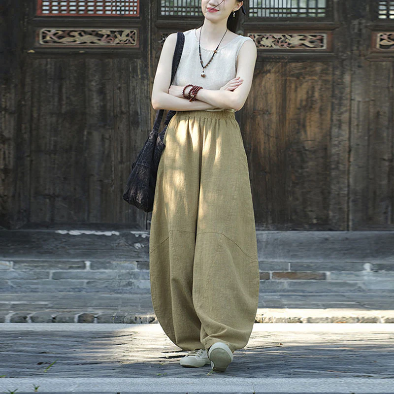 Pantaloni in cotone e lino con Buddha Stones , pantaloni harem larghi, pantaloni da yoga zen tai chi da donna - Image 13