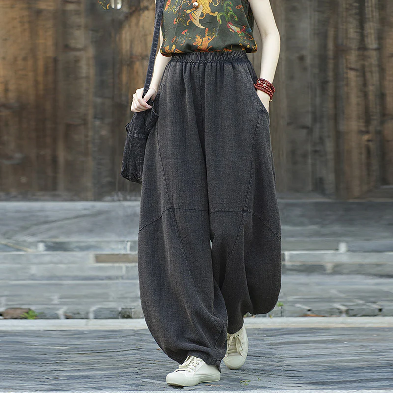 Pantaloni in cotone e lino con Buddha Stones , pantaloni harem larghi, pantaloni da yoga zen tai chi da donna - Image 25