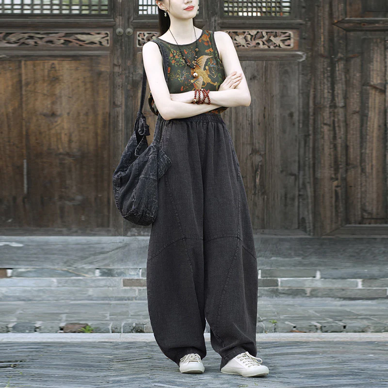 Pantaloni in cotone e lino con Buddha Stones , pantaloni harem larghi, pantaloni da yoga zen tai chi da donna - Image 27