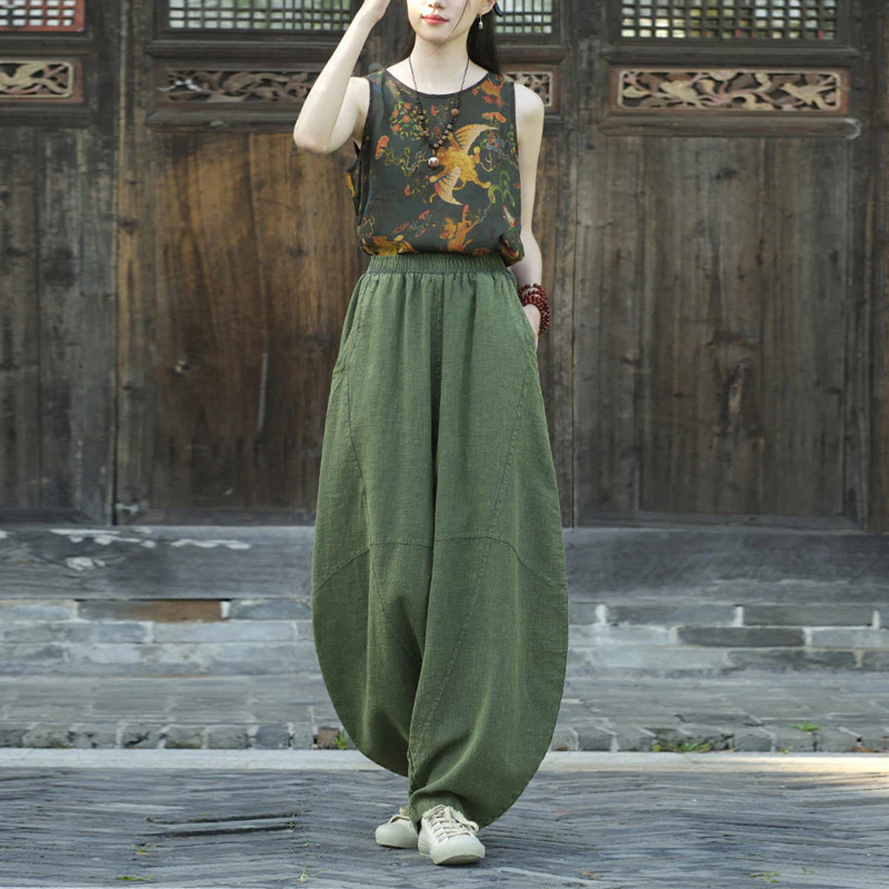 Pantaloni in cotone e lino con Buddha Stones , pantaloni harem larghi, pantaloni da yoga zen tai chi da donna - Image 29