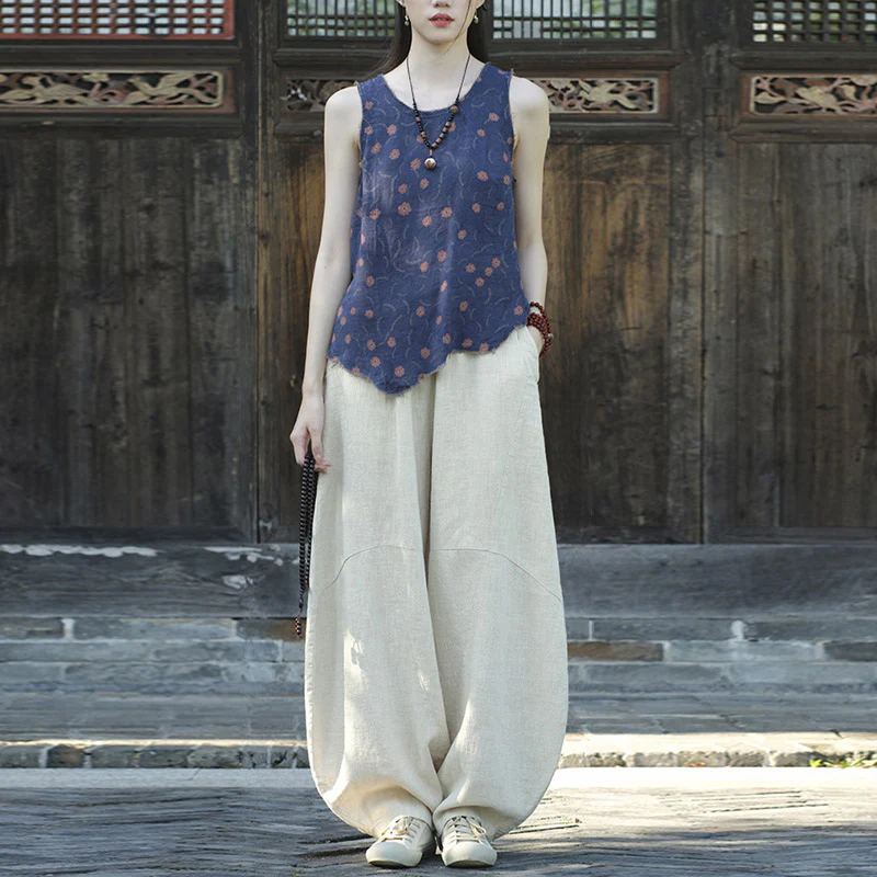 Pantaloni in cotone e lino con Buddha Stones , pantaloni harem larghi, pantaloni da yoga zen tai chi da donna - Image 3