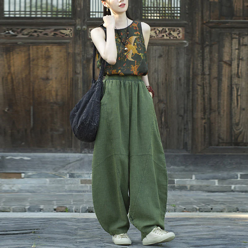 Pantaloni in cotone e lino con Buddha Stones , pantaloni harem larghi, pantaloni da yoga zen tai chi da donna - Image 30