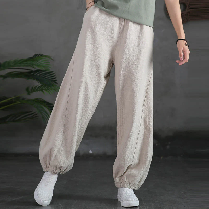 Pantaloni in cotone e lino ramiè tinta unita Buddha Stones con tasche - Image 10